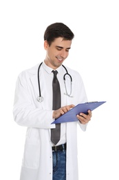 Photo of Portrait of medical doctor with clipboard and stethoscope isolated on white