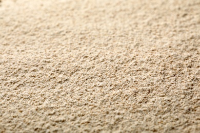 Photo of Sesame flour as background, closeup. Organic product