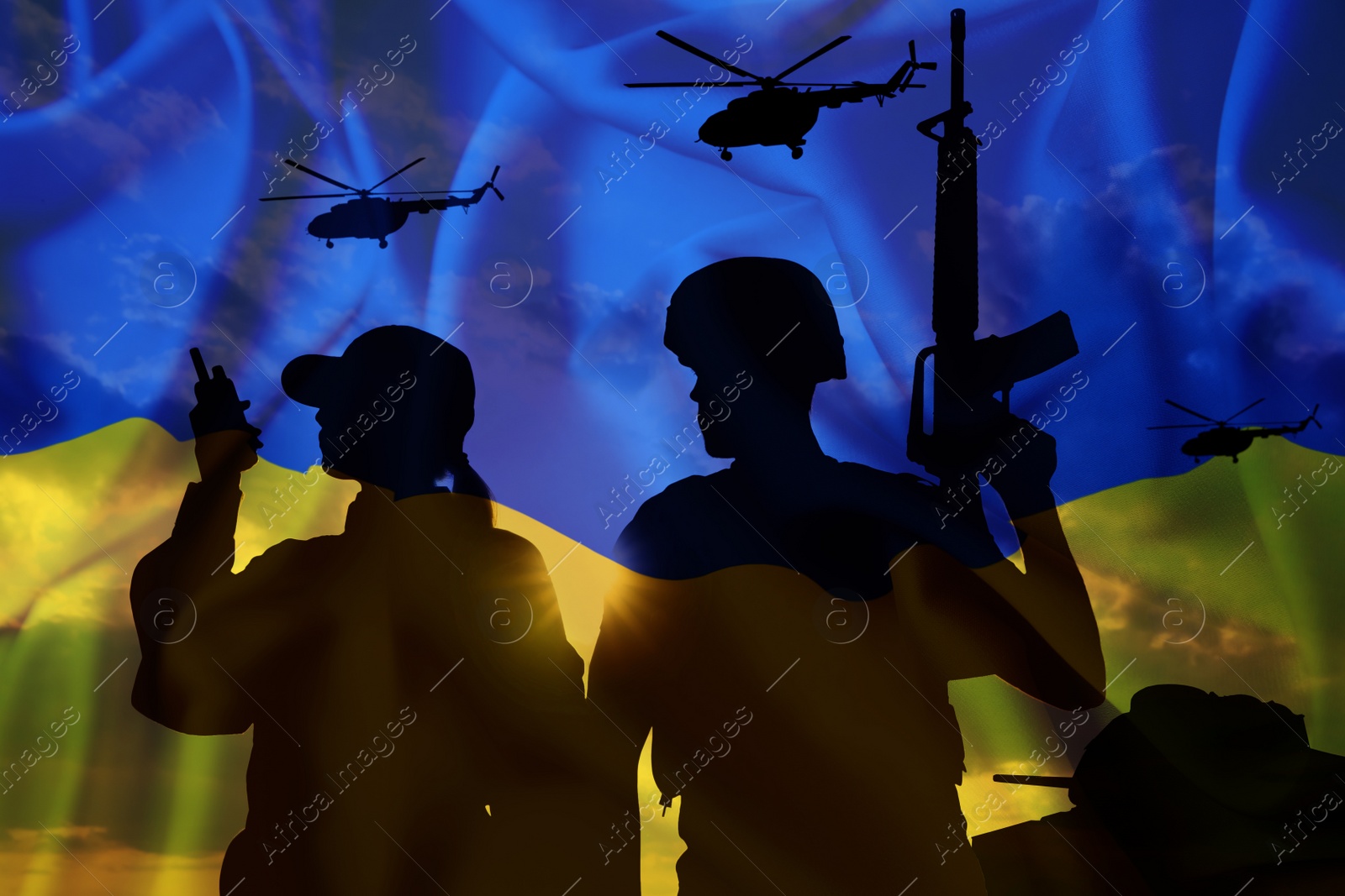 Image of Stop war in Ukraine. Silhouettes of defenders and military machinery. Double exposure of Ukrainian flag and sky