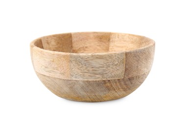 Photo of One wooden bowl isolated on white. Cooking utensil