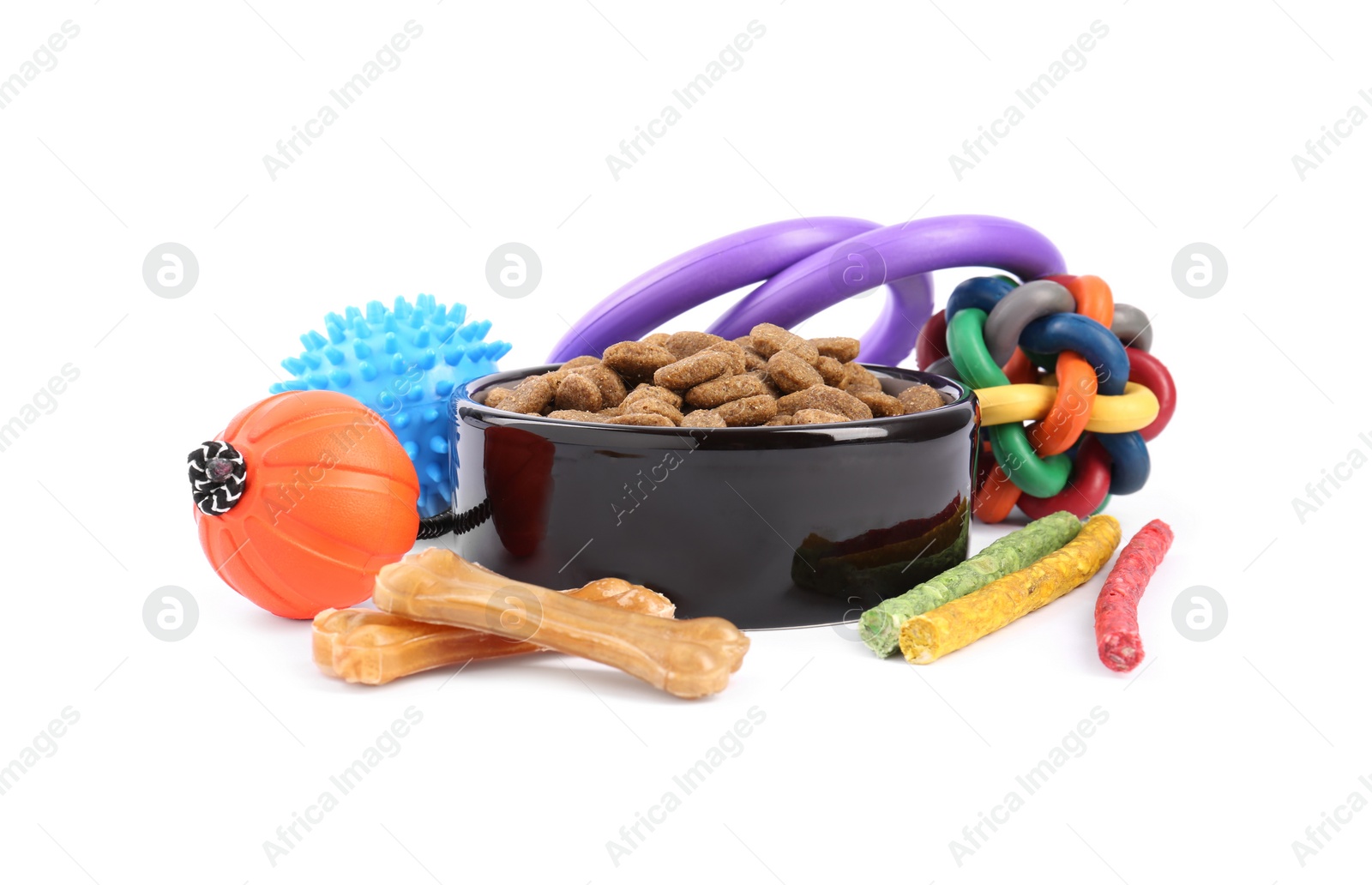 Photo of Dry pet food, toys and other goods isolated on white. Shop items