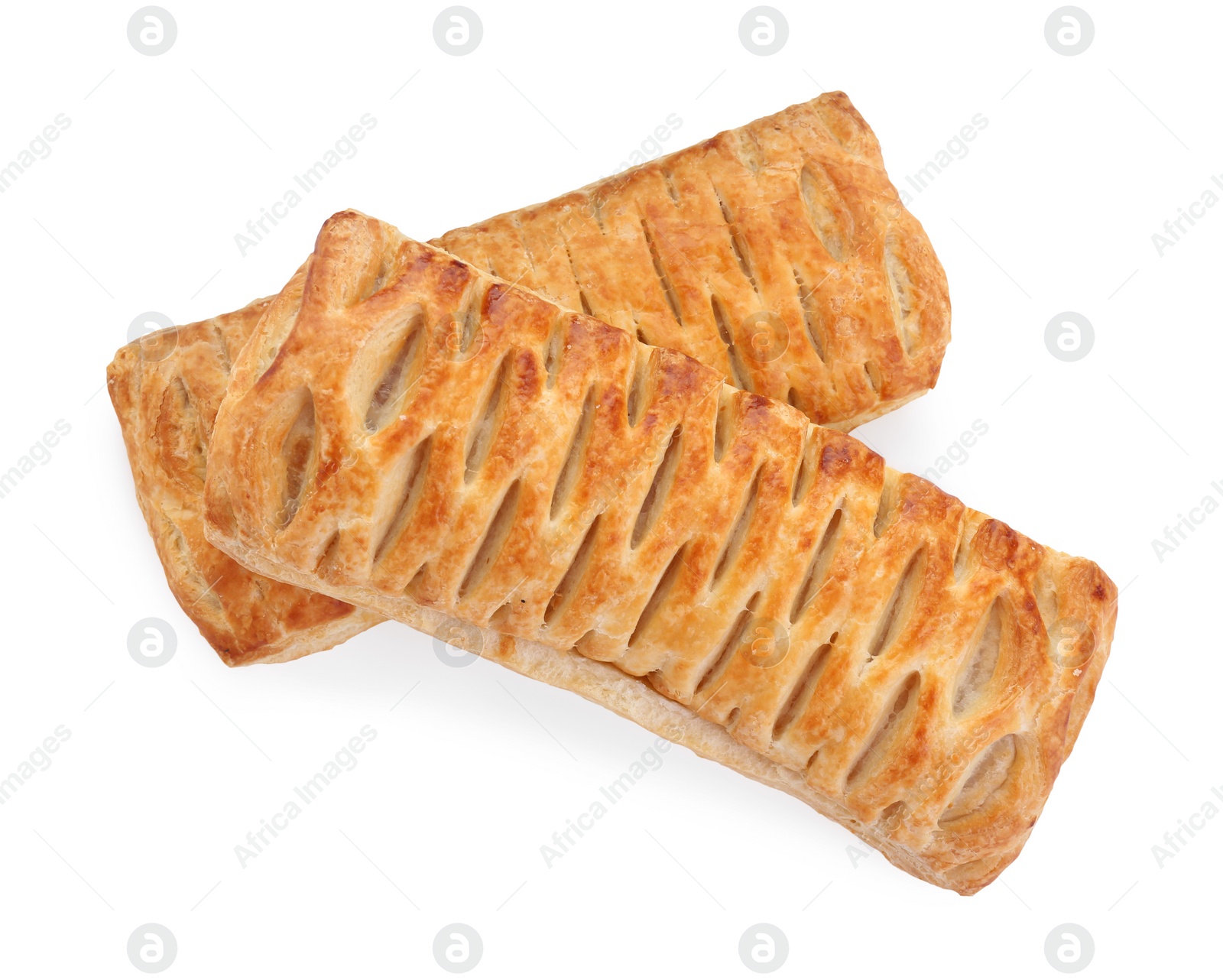 Photo of Fresh tasty puff pastry on white background, top view