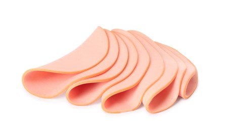 Slices of delicious boiled sausage on white background