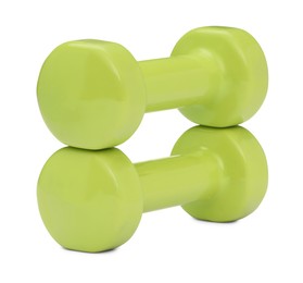 Photo of Light green dumbbells isolated on white. Sports equipment