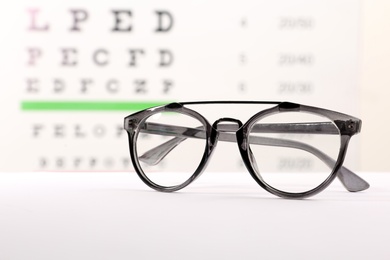 Photo of Glasses with corrective lenses on table against eye chart