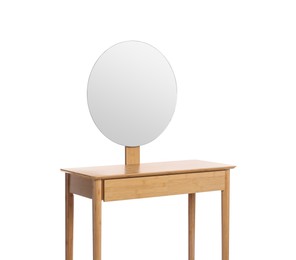 Photo of Modern wooden dressing table with mirror isolated on white
