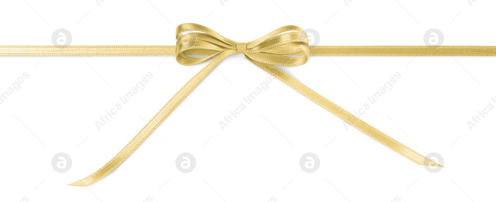 Photo of Golden satin ribbon with bow on white background, top view