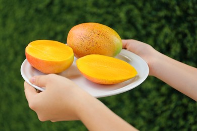 Photo of Woman holding plate with ripe juicy mango outdoors, closeup