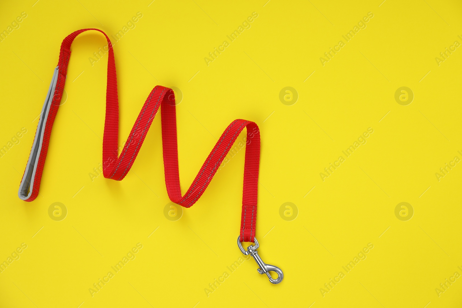 Photo of Red dog leash on yellow background, top view. Space for text