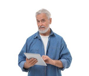 Senior man using tablet on white background