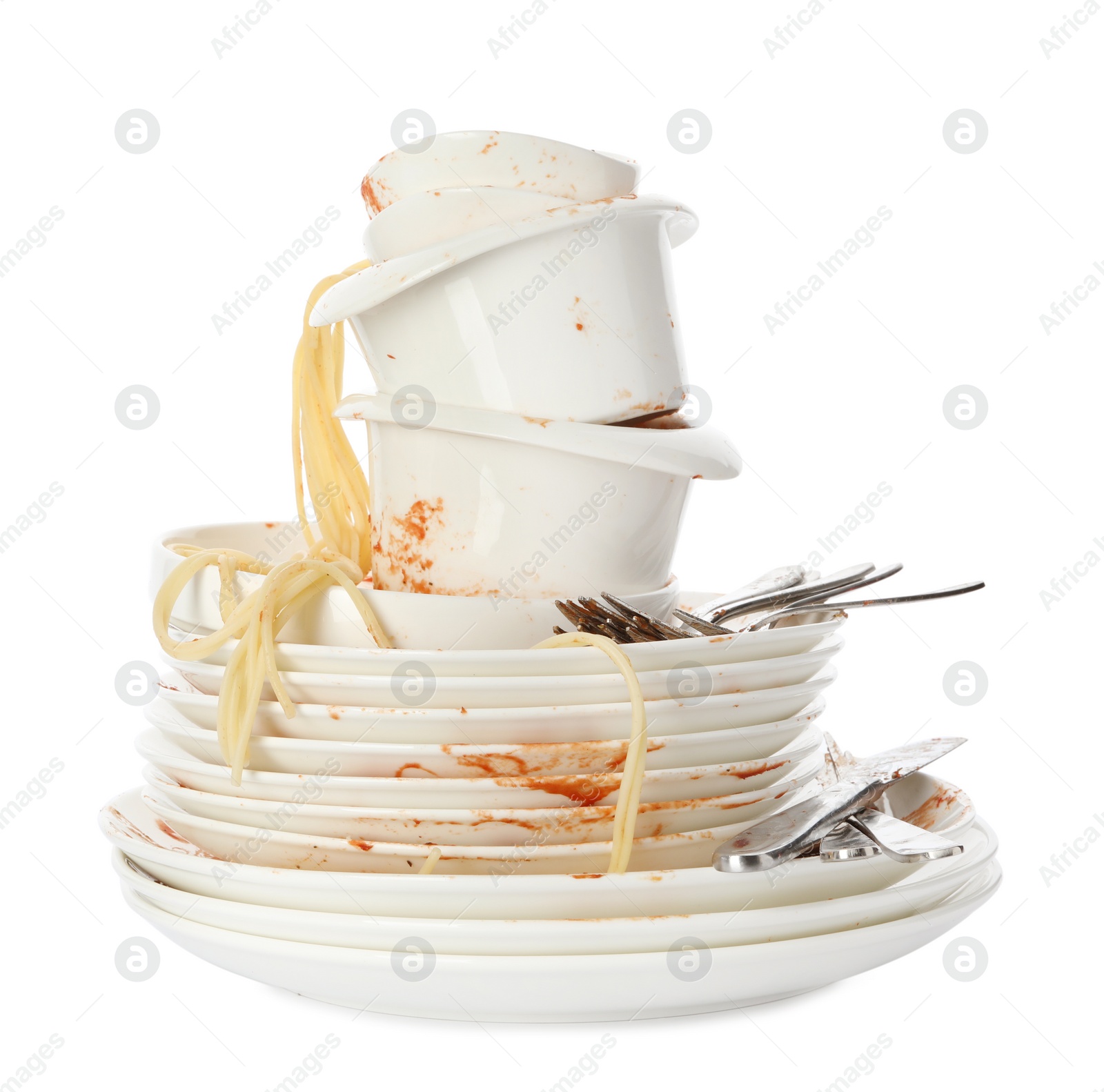 Photo of Set of dirty dishes with spaghetti leftovers isolated on white