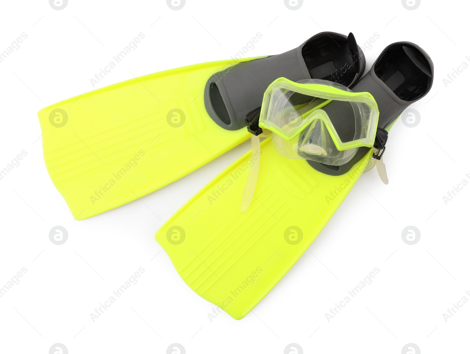 Photo of Pair of yellow flippers and diving mask isolated on white, top view. Sports equipment