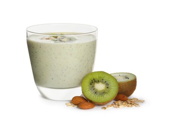 Photo of Glass of tasty kiwi smoothie with oatmeal on white background