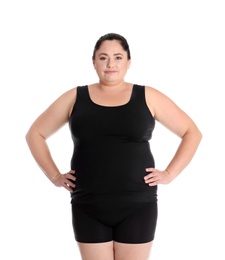 Photo of Fat woman on white background. Weight loss