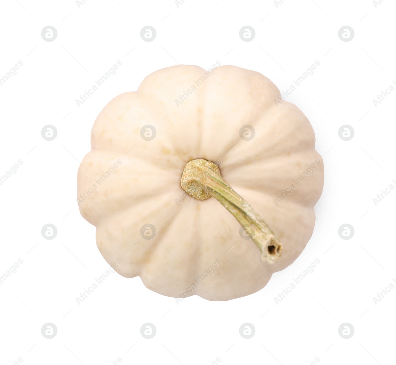 Photo of One ripe beige pumpkin isolated on white, top view