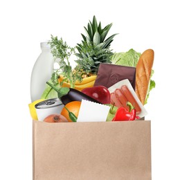 Image of Paper bag with different products and receipt isolated on white