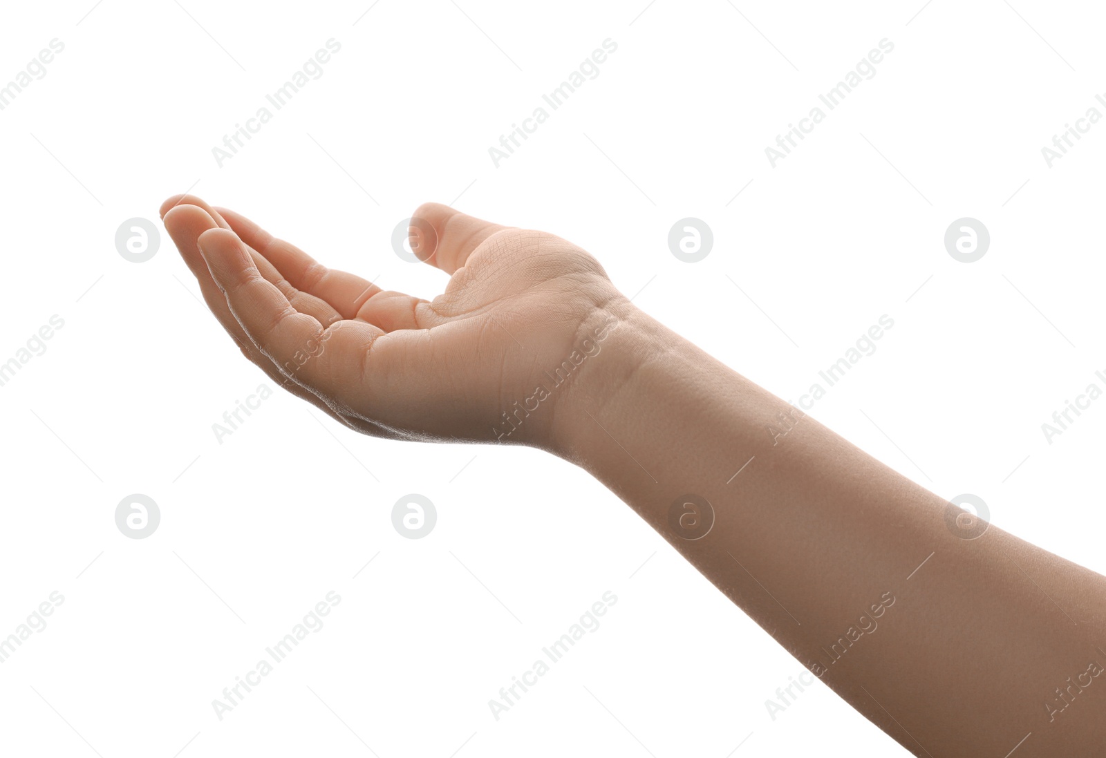 Photo of Little child against white background, closeup on hand