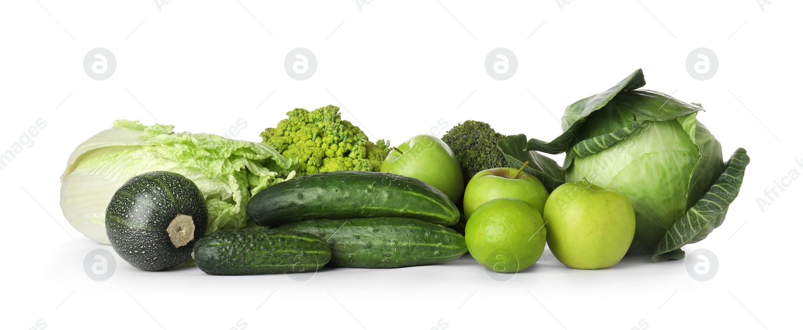 Photo of Pile of fresh green fruits and vegetables isolated on white