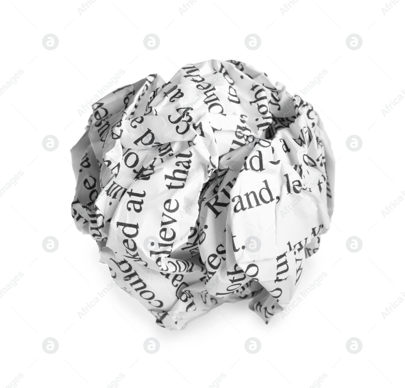 Photo of Crumpled sheet of paper with printed text isolated on white