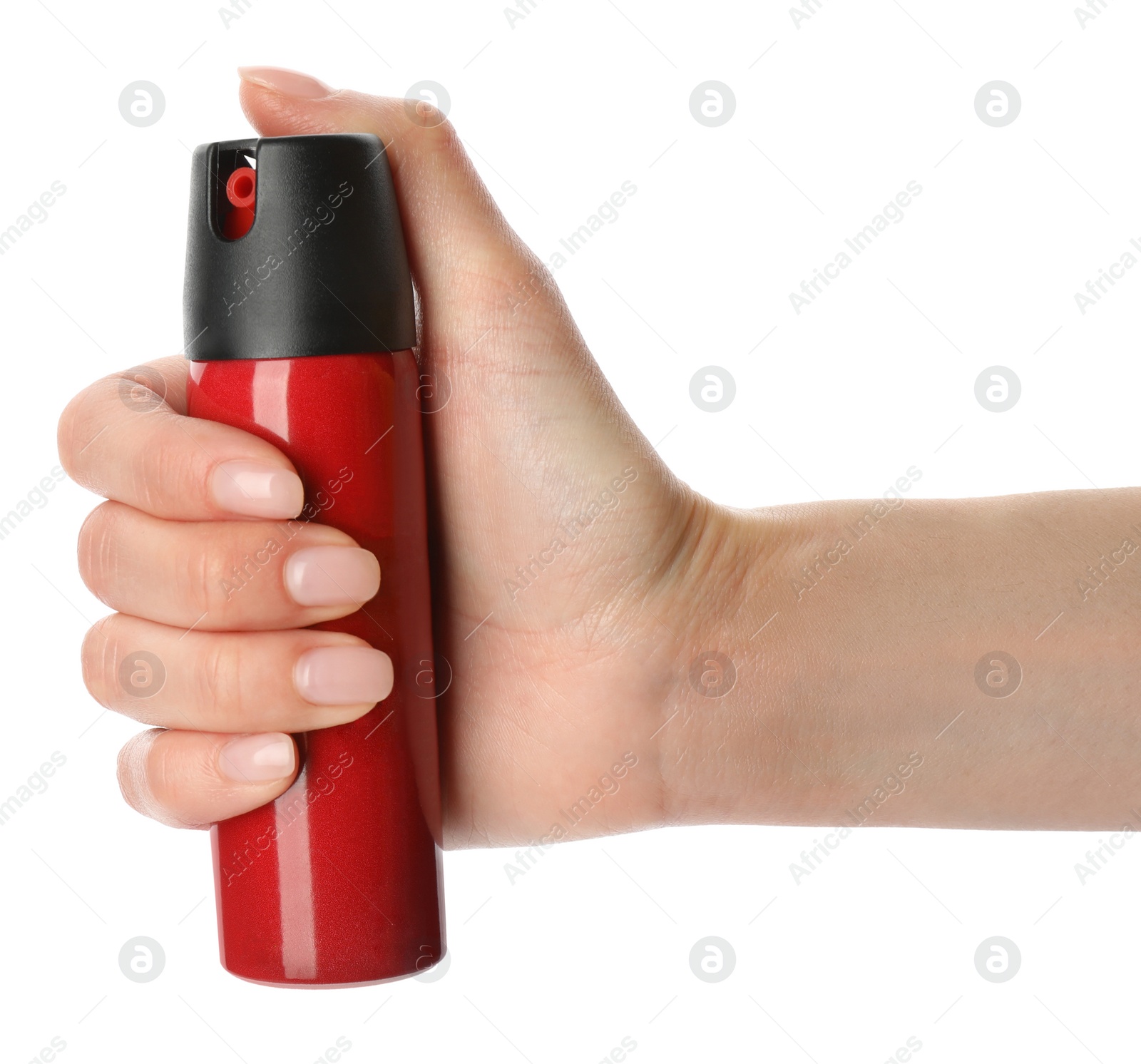 Photo of Woman with bottle of gas pepper spray on white background