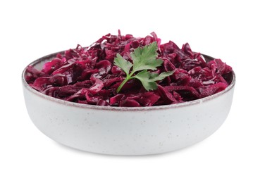 Bowl of tasty red cabbage sauerkraut with parsley isolated on white