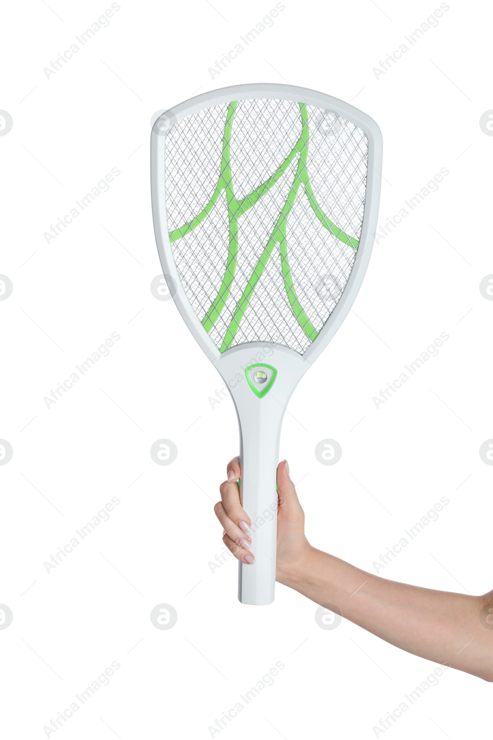 Photo of Man with electric fly swatter on white background, closeup. Insect killer