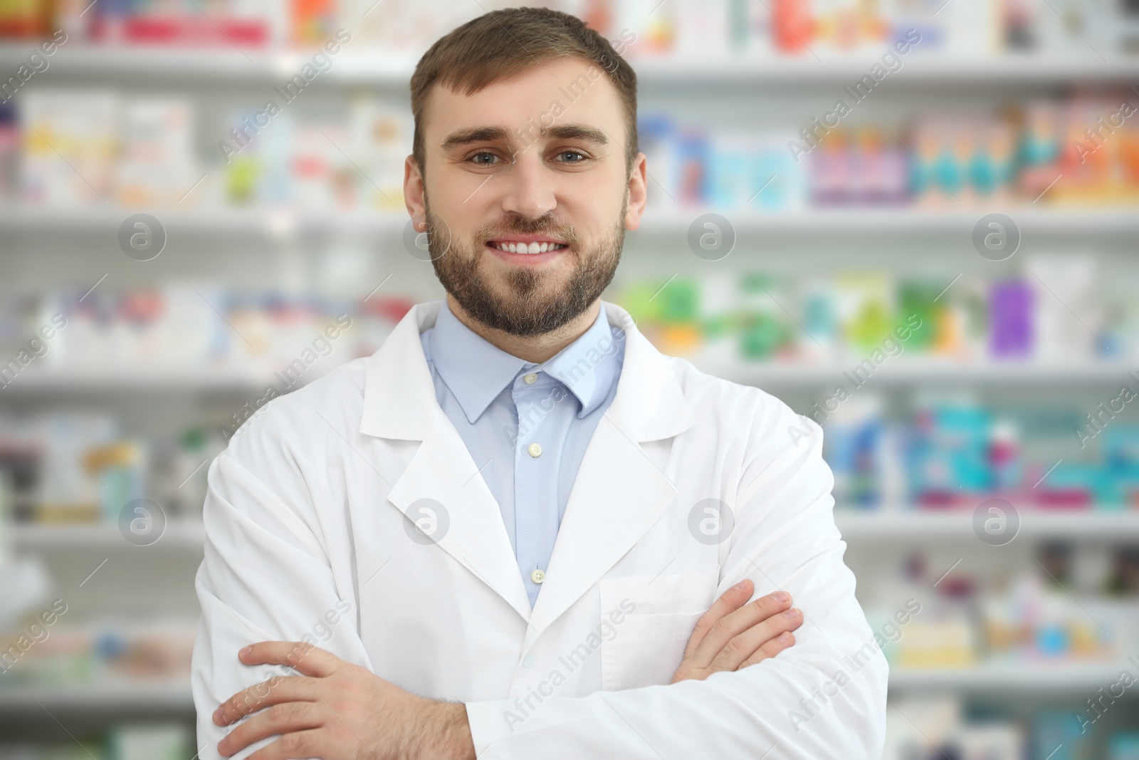 Photo of Portrait of professional pharmacist in modern drugstore