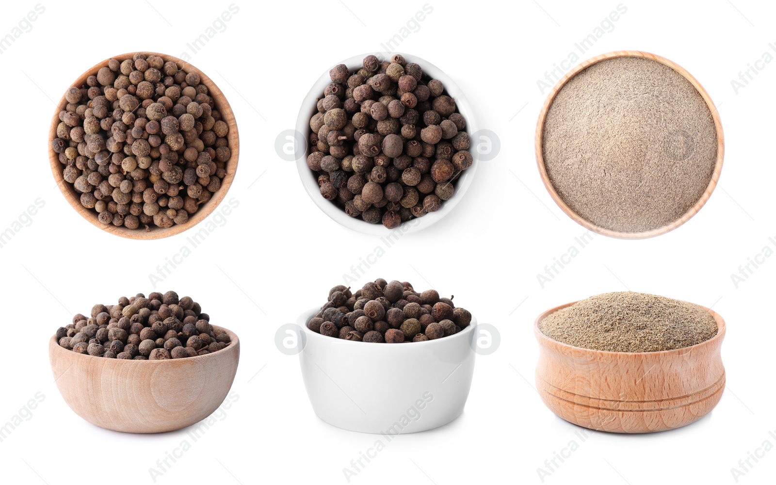 Image of Set of ground pepper and grains on white background