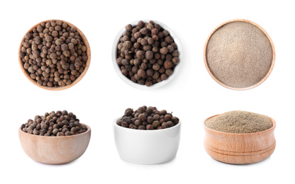 Image of Set of ground pepper and grains on white background