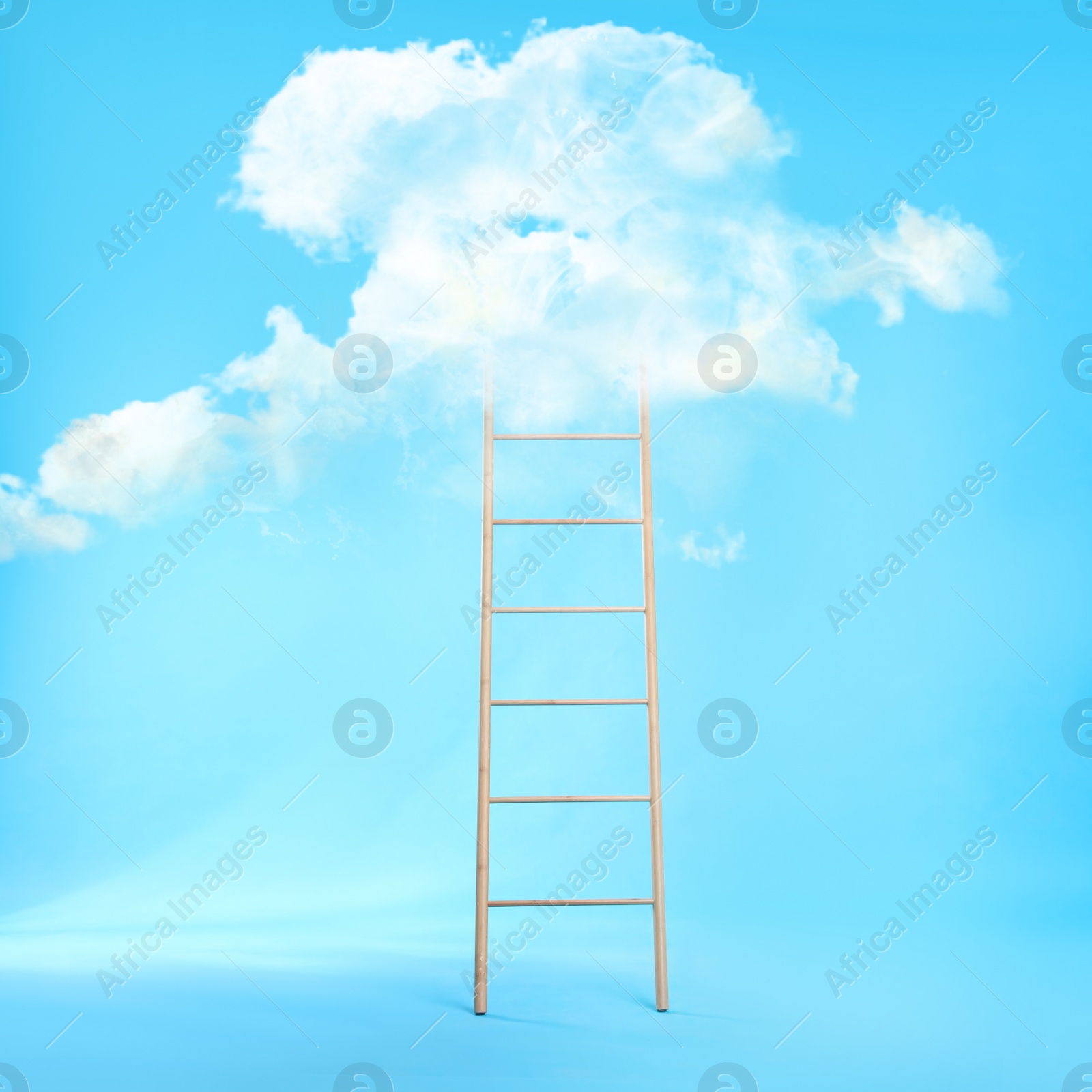 Image of Wooden ladder leading to white cloud on light blue background. Concept of growth and development