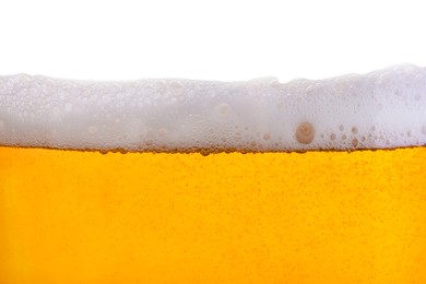 Photo of Tasty beer with foam in glass, closeup