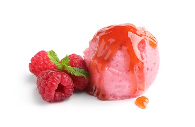 Photo of Scoop of delicious raspberry ice cream with mint, syrup and fresh berries on white background