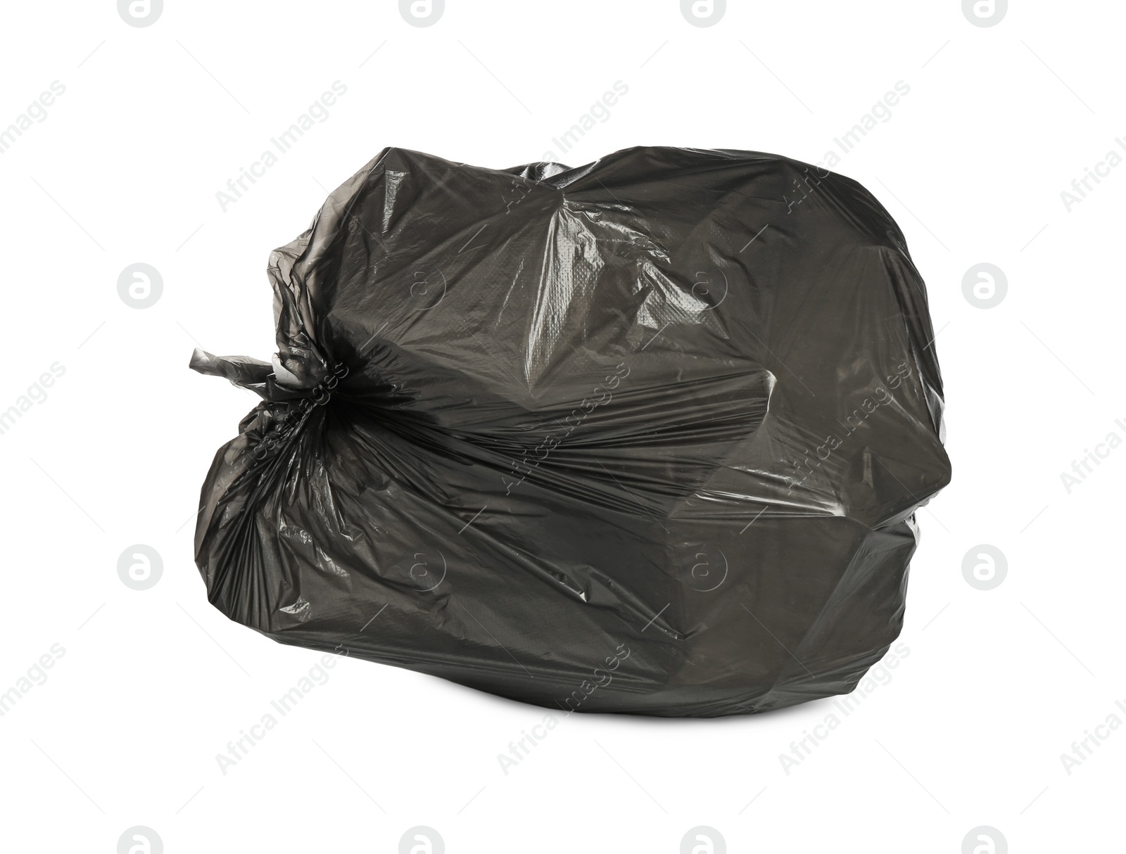 Photo of Black trash bag filled with garbage isolated on white