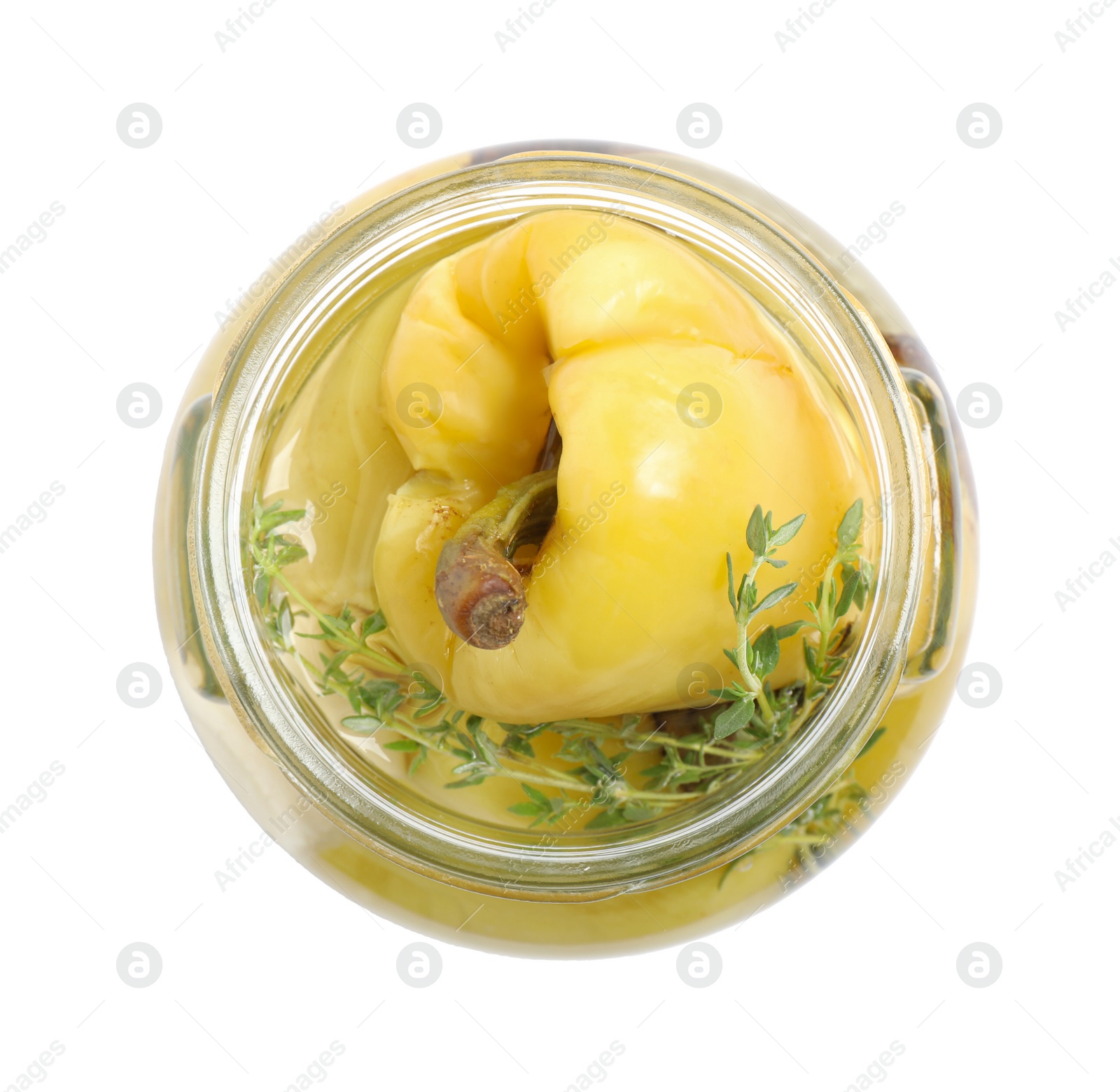 Photo of Glass jar with pickled peppers isolated on white, top view