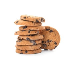 Stack of tasty chocolate chip cookies on white background