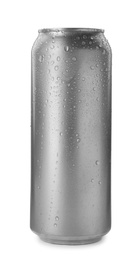 Photo of Aluminum can of beverage covered with water drops on white background. Space for design