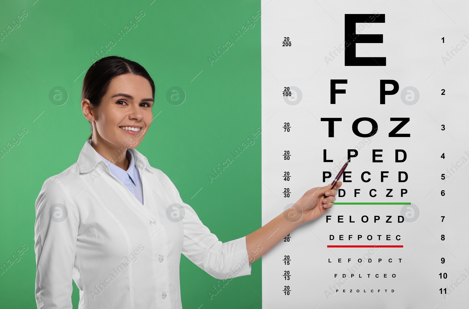 Image of Ophthalmologist pointing at vision test chart on green background