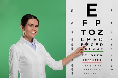 Image of Ophthalmologist pointing at vision test chart on green background