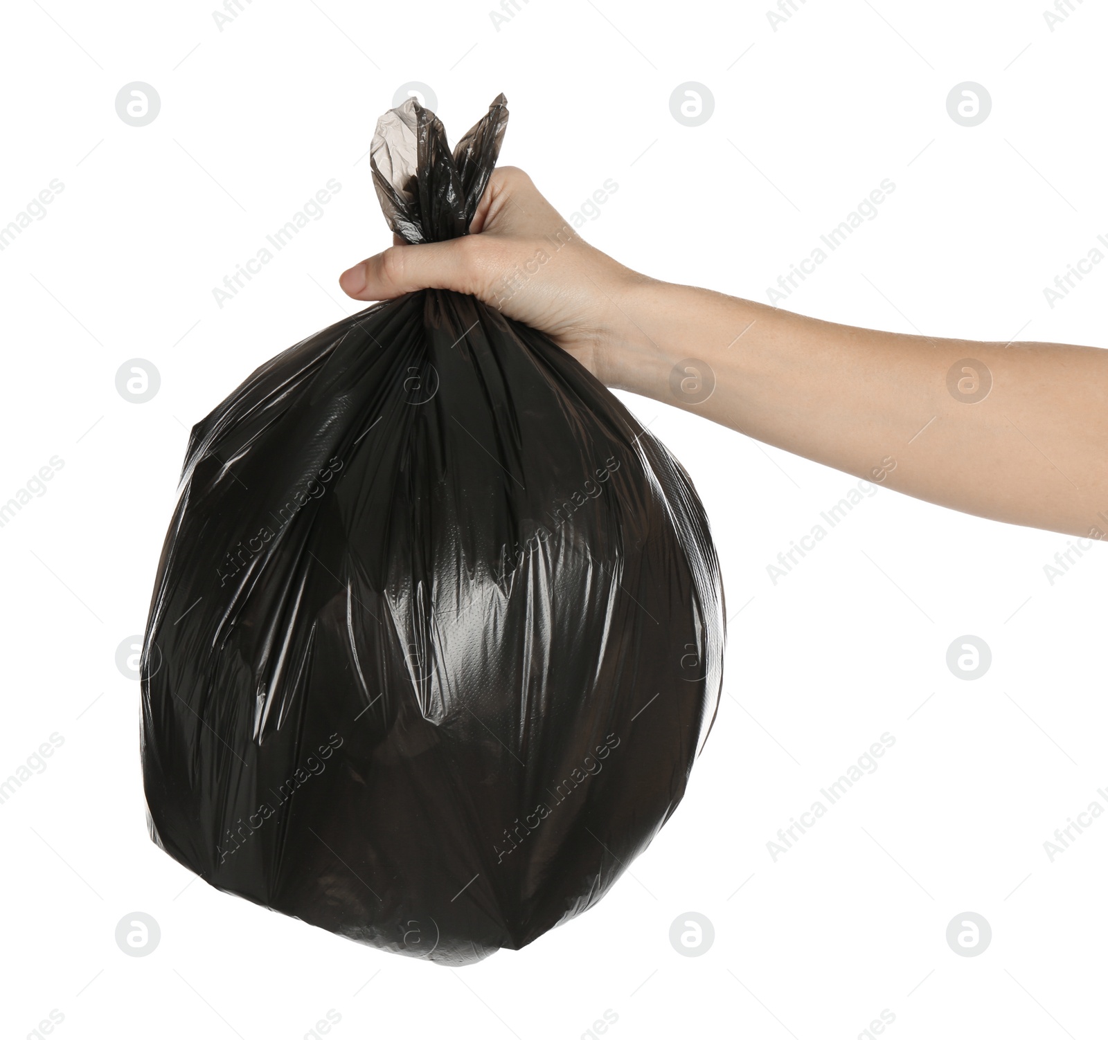 Photo of Woman holding trash bag filled with garbage on white background, closeup