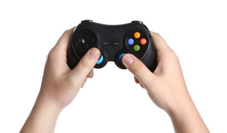 Photo of Woman using wireless game controller on white background, closeup