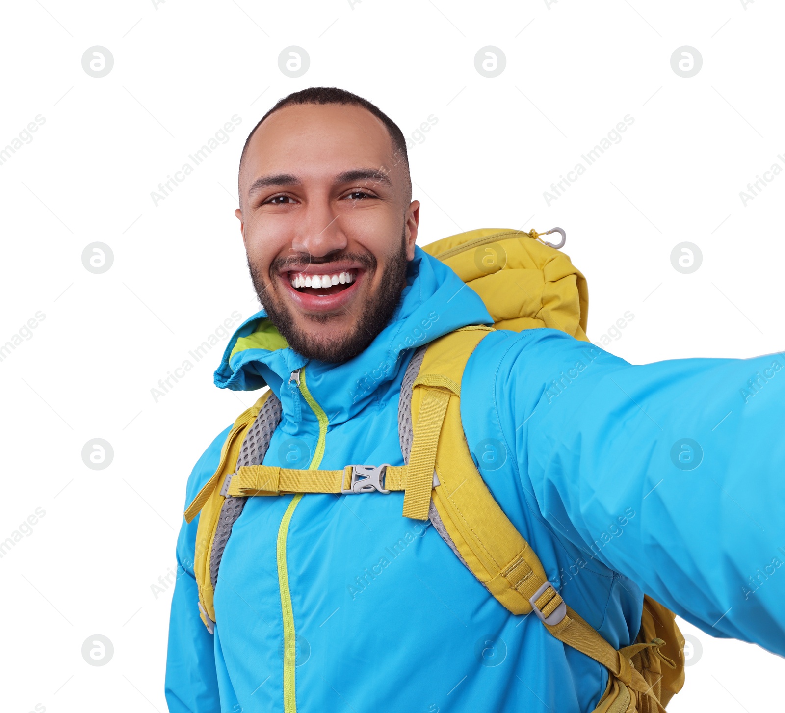 Photo of Smiling young man taking selfie on white background