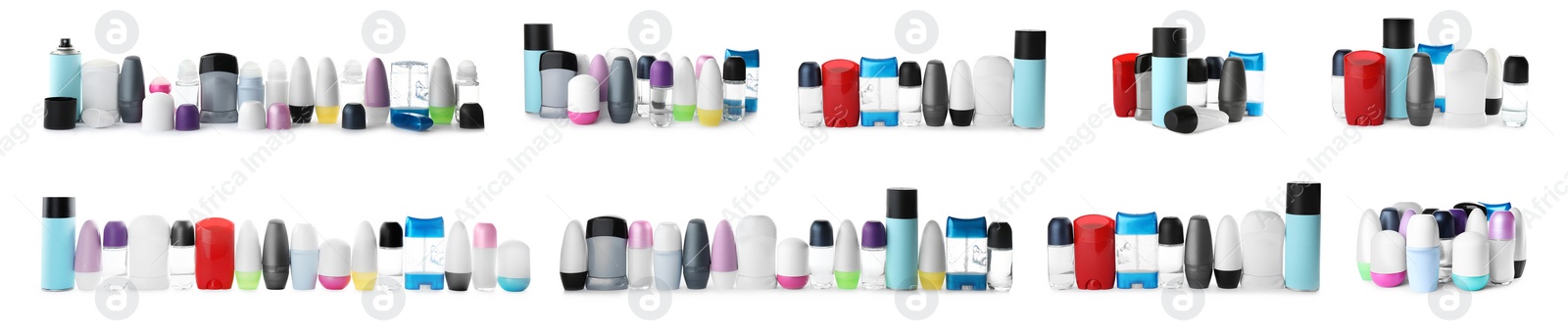 Image of Set of different deodorants on white background. Banner design