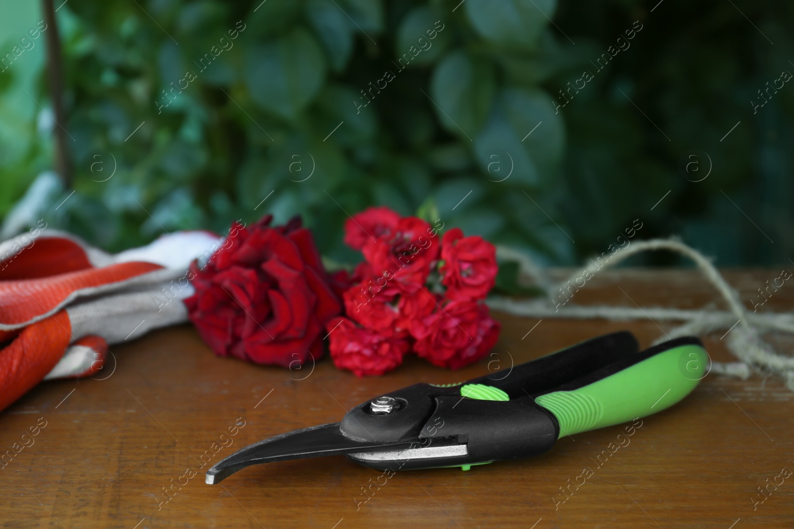 Photo of Secateurs, gardening gloves and flowers on wooden table outdoors. Space for text