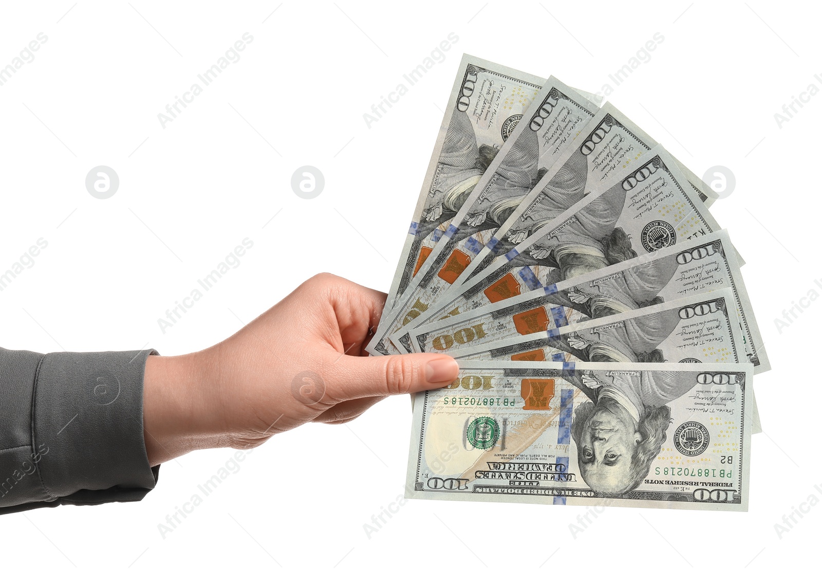 Photo of Money exchange. Woman holding dollar banknotes on white background, closeup