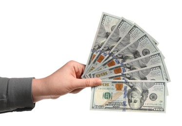 Photo of Money exchange. Woman holding dollar banknotes on white background, closeup