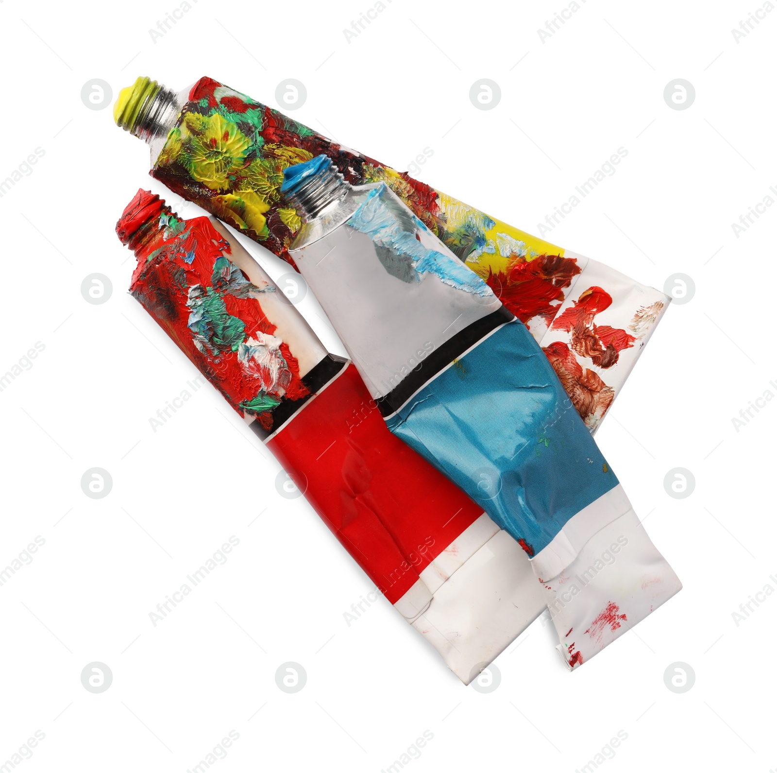 Photo of Tubes with oil paints on white background, top view