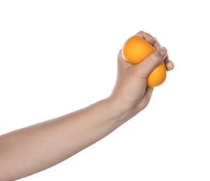 Photo of Woman squeezing antistress ball on white background, closeup