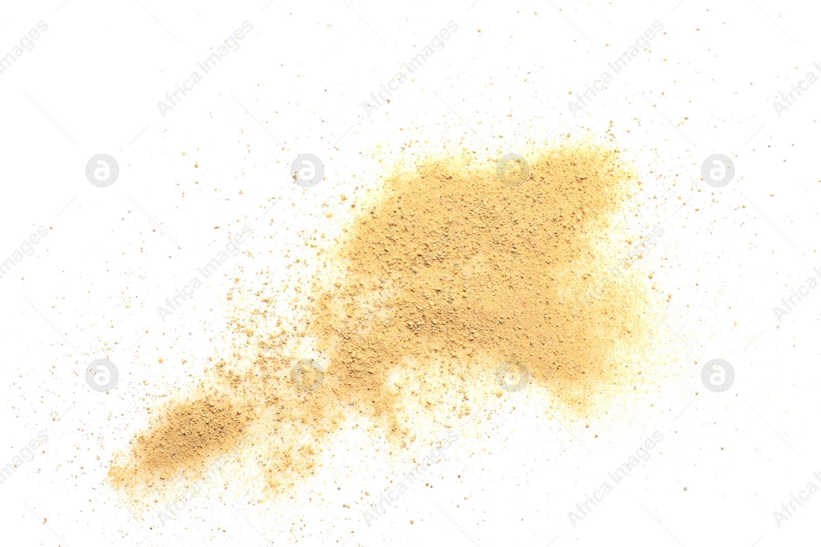 Photo of Pile of brown dust scattered on white background, top view