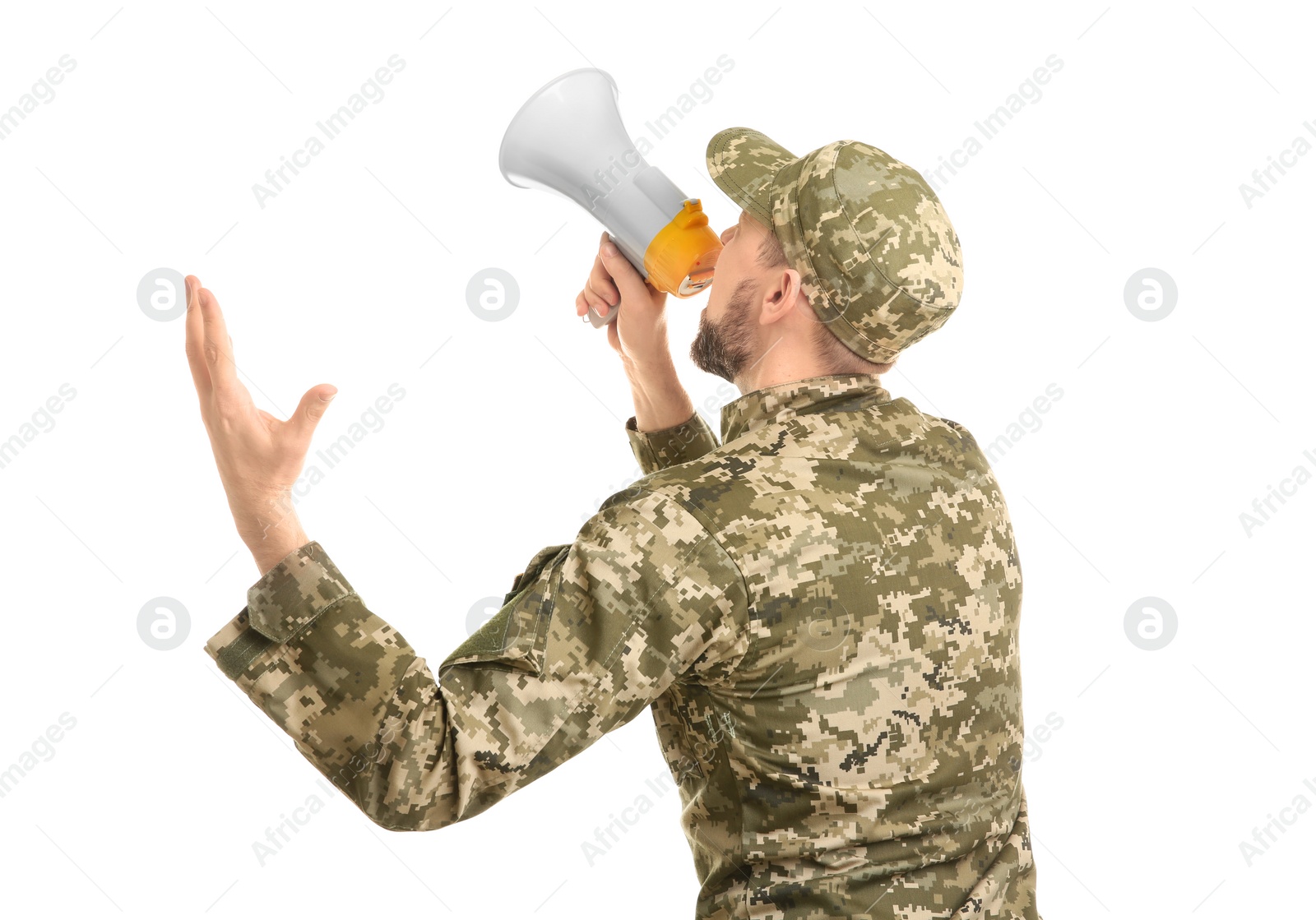 Photo of Military man shouting into megaphone on white background