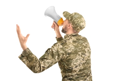 Photo of Military man shouting into megaphone on white background